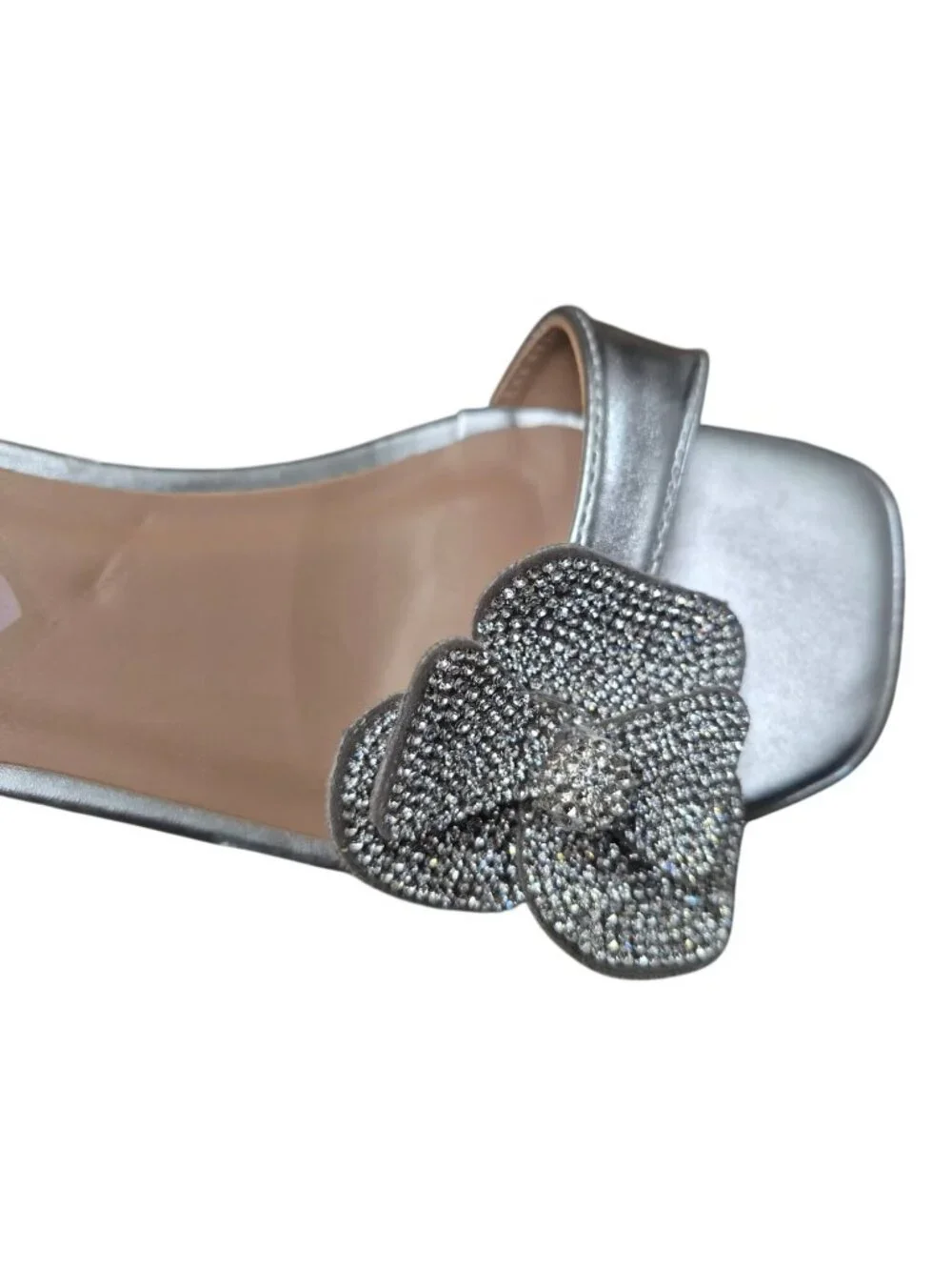 Steve Madden Silver Rhinestone Bow Dress Sandals Block Heel Ankle Strap (2).